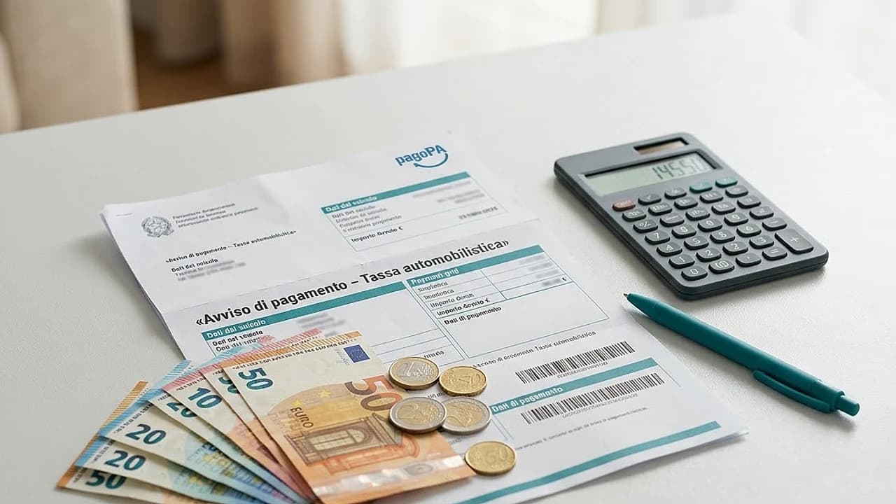 Banconote in euro, calcolatrice e avviso di pagamento del bollo auto non pagato su scrivania chiara
