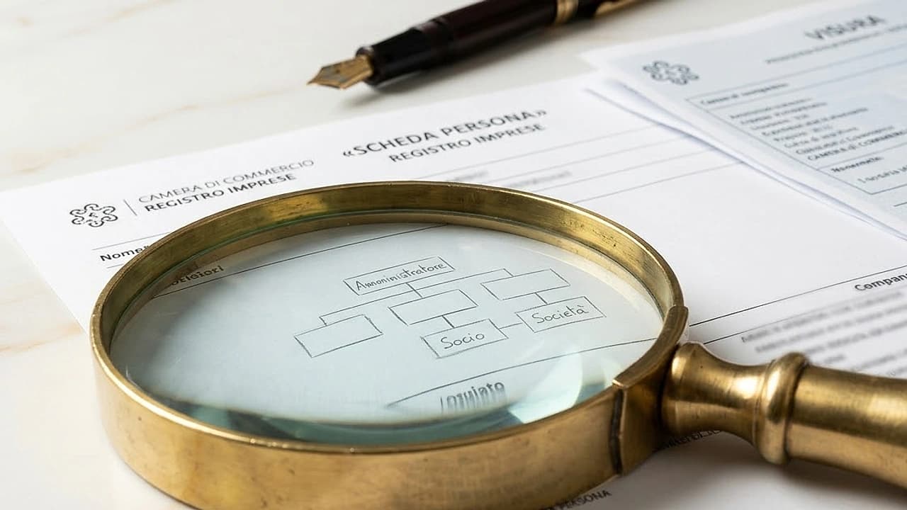 Lente d'ingrandimento su una visura persona fisica del Registro Imprese con l'elenco delle cariche e delle società collegate