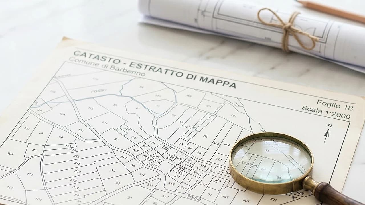 Estratto di mappa catastale di un terreno con particelle numerate, documento della mappa catastale su scrivania chiara.