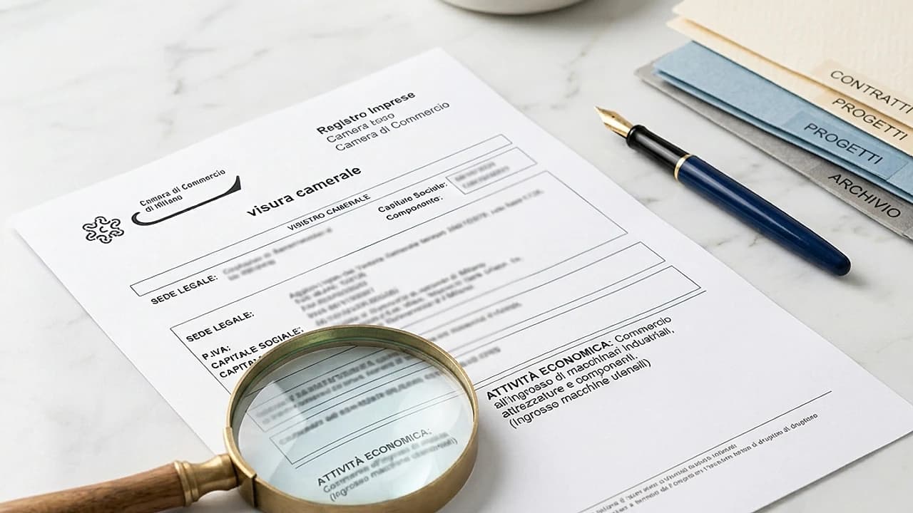Codice ATECO 2025 su una visura camerale con lente d'ingrandimento sulla sezione attività economica dell'impresa
