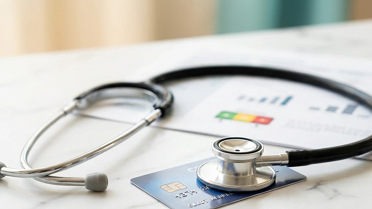 Stetoscopio su una carta di credito e semaforo verde-rosso, simbolo della verifica di una segnalazione CRIF nel 2026