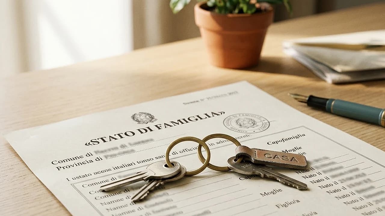 Due mazzi di chiavi di casa intrecciati su un certificato di stato di famiglia, simbolo dei conviventi di fatto