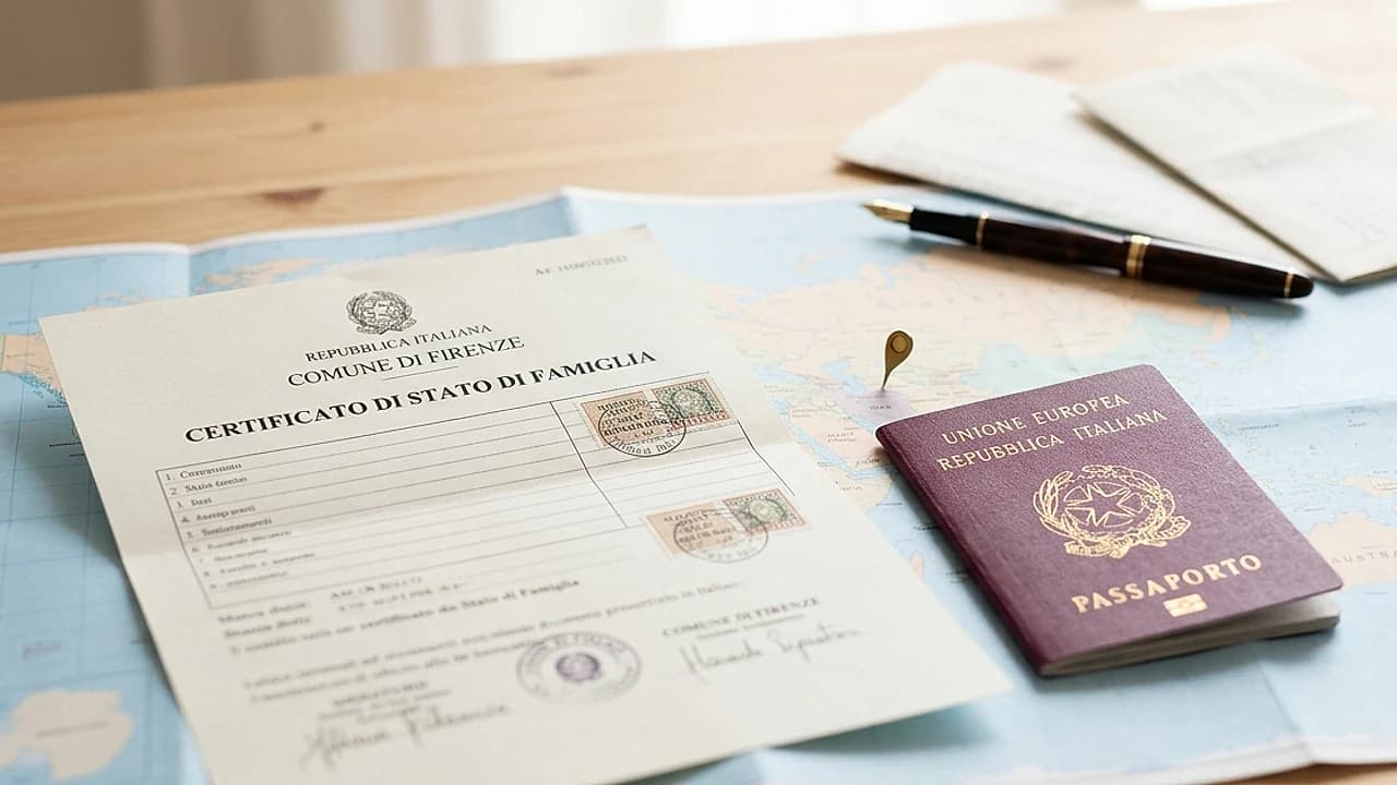 Certificato di stato di famiglia AIRE con passaporto italiano e mappa su scrivania chiara