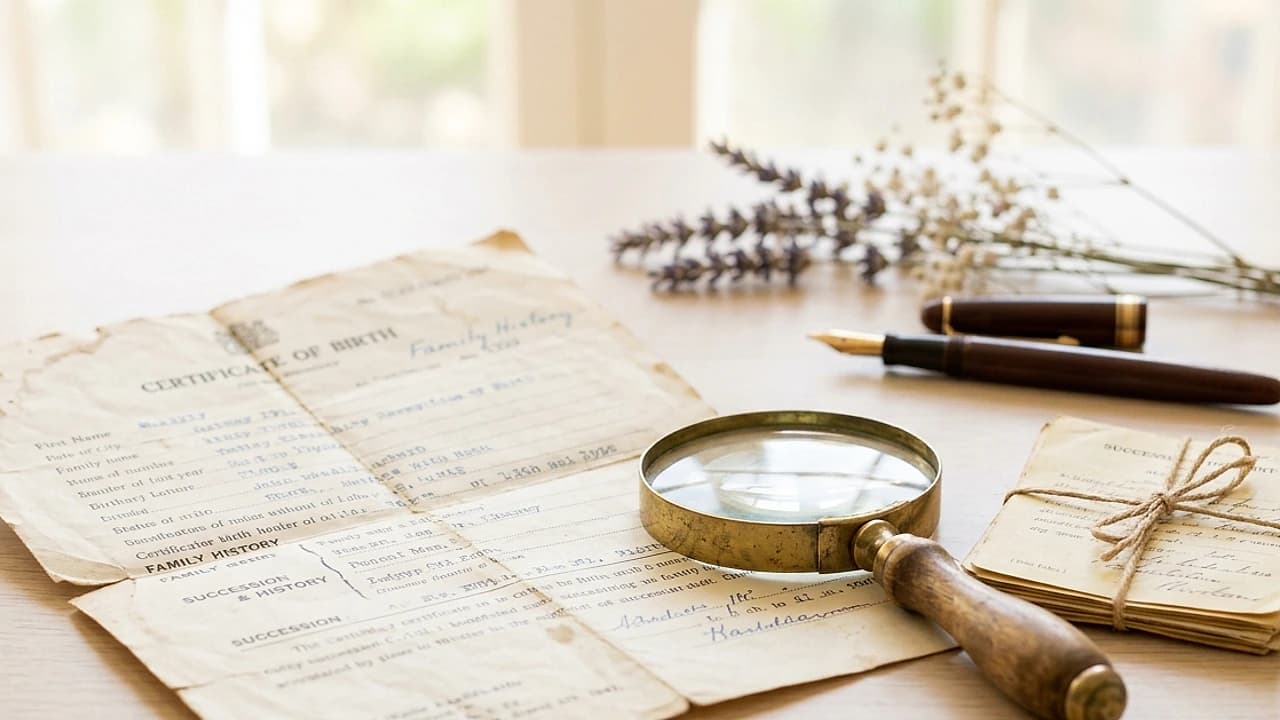 Stato di famiglia storico 2026 su una scrivania accanto a documenti di successione e una lente d'ingrandimento