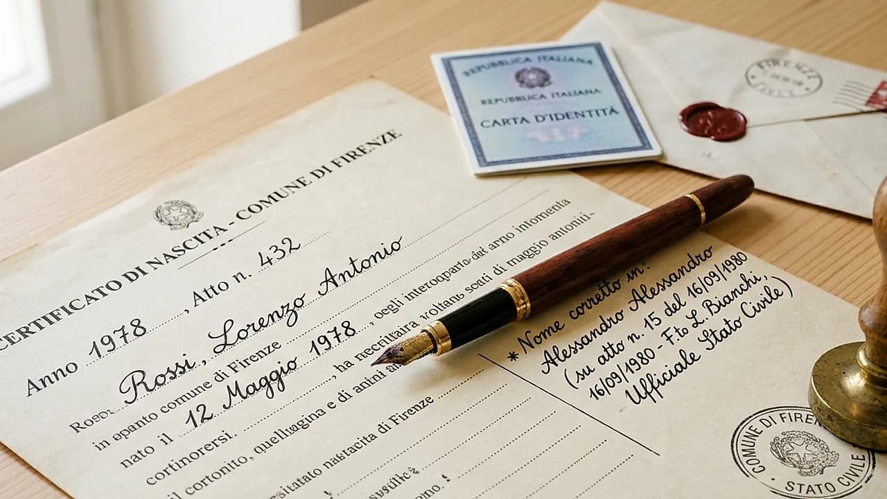 Atto di nascita con una correzione a penna accanto a un timbro comunale, correzione errore atto di nascita 2026.