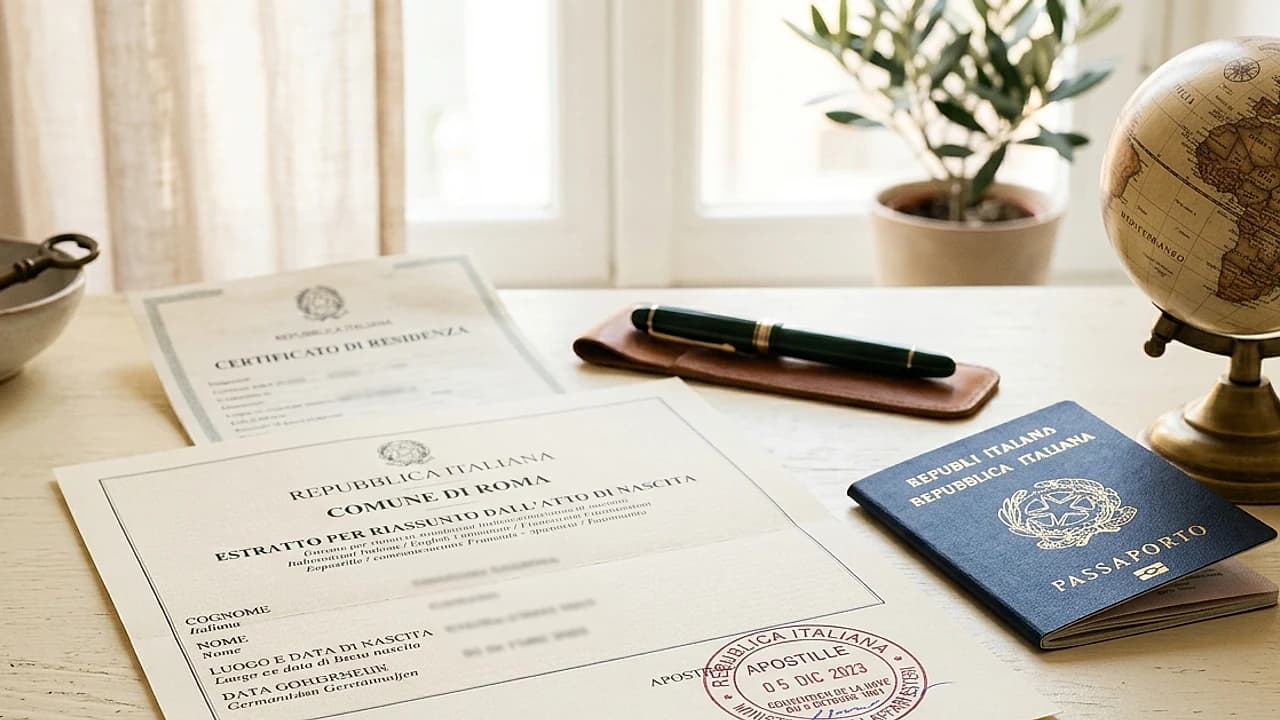 Estratto di nascita plurilingue con apostille e copia integrale dell'atto di nascita su scrivania luminosa
