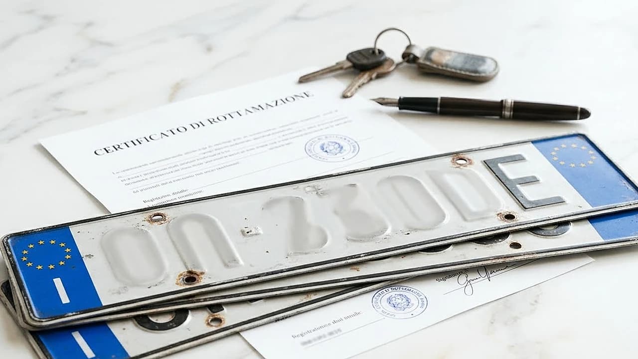 Due targhe italiane smontate accanto al certificato di rottamazione: rottamazione auto e radiazione dal PRA