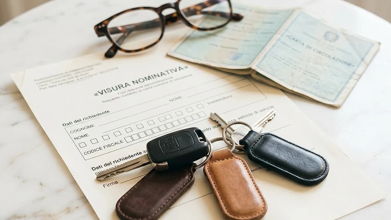 Chiavi di tre auto diverse su un modulo ACI di visura nominativa con codice fiscale: elenco dei veicoli intestati al PRA.