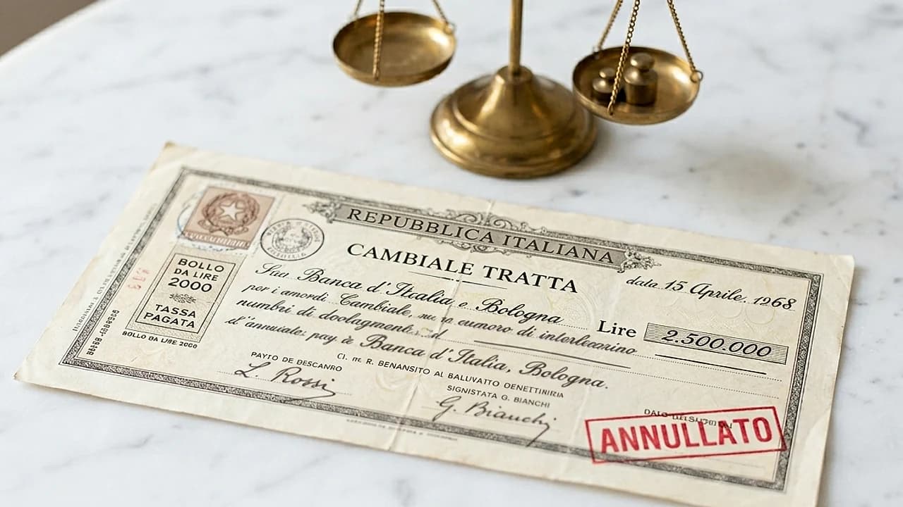 Cambiale protestata con timbro Errore Annullato accanto a una bilancia, simbolo del protesto illegittimo da cancellare 2026
