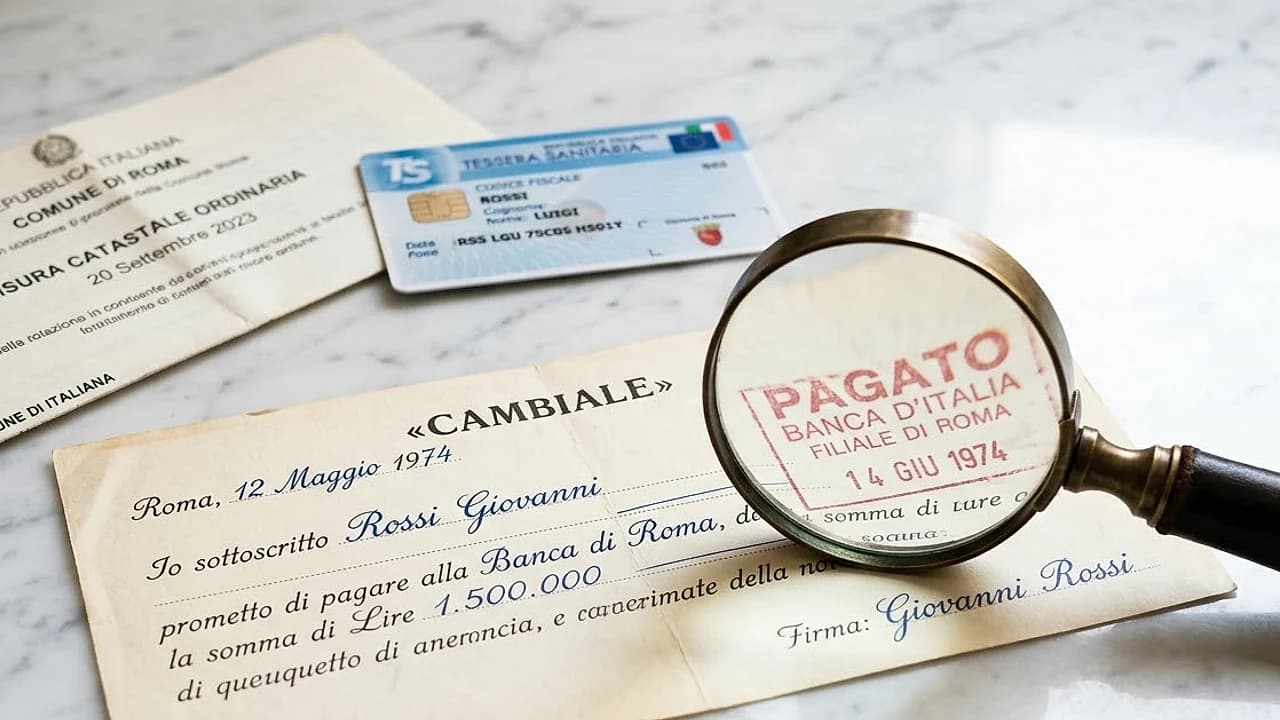 Lente d'ingrandimento su una cambiale con timbro di protesto accanto a un codice fiscale, verifica protesti a proprio nome
