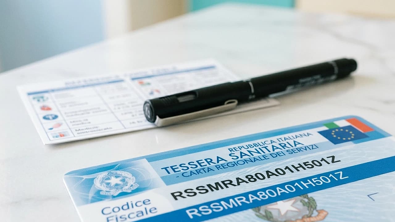 Tessera sanitaria italiana con codice fiscale in evidenza su scrivania chiara, calcolo del codice fiscale 2026.