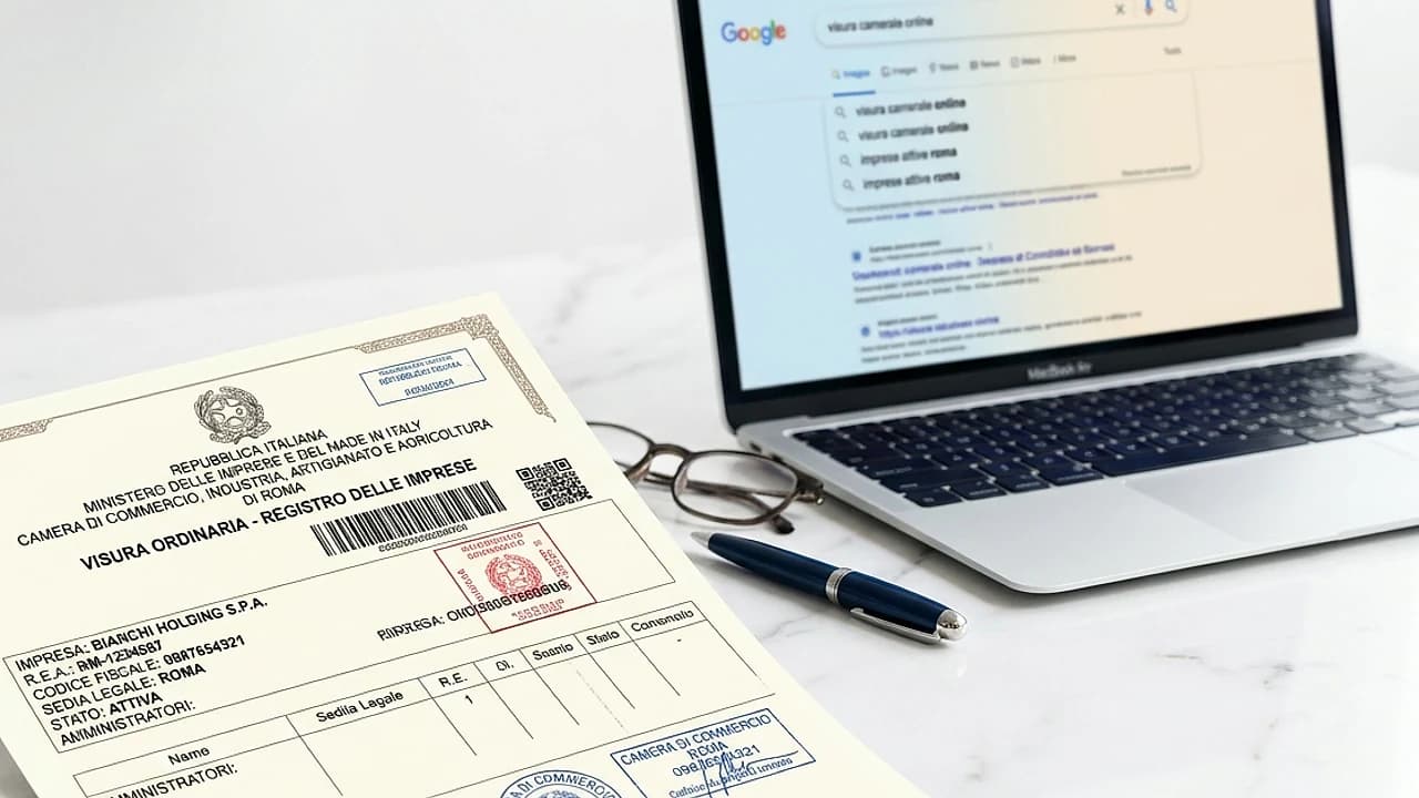 Visura camerale ufficiale su scrivania luminosa, ricerca impresa registro del commercio online 2026