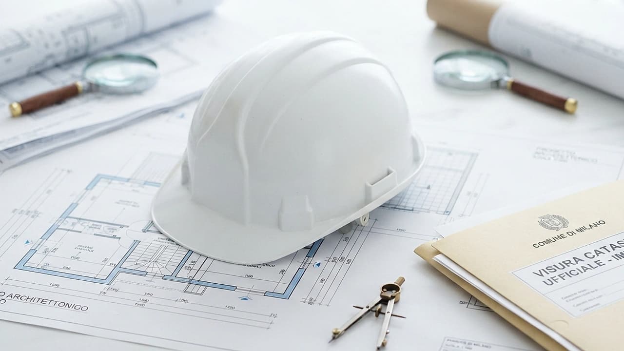 Casco da cantiere, planimetria e faldone visure su tavolo chiaro — verificare impresa edile 2026.