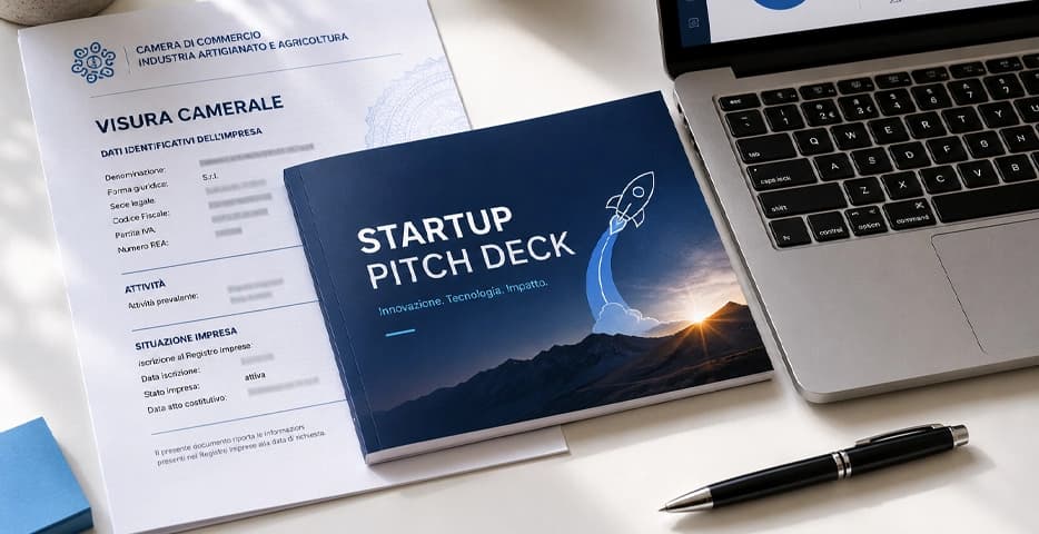 Visura camerale italiana accanto a pitch deck startup su scrivania — guida 2026 alla sezione speciale e novità Legge 193/2024
