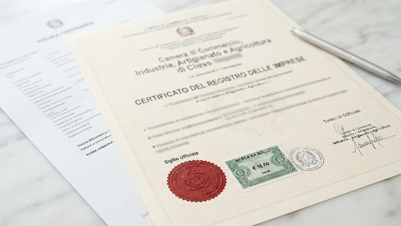 Certificato camerale su carta filigranata con timbro accanto a una visura camerale su carta semplice, differenze 2026.