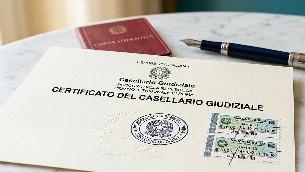 Certificato del casellario giudiziale con timbro e marche da bollo su scrivania chiara, richiesta certificato penale 2026
