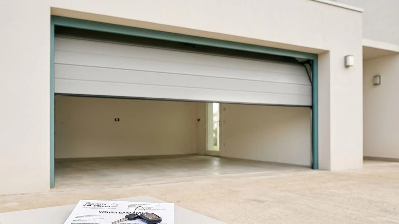 Box auto con porta basculante aperta e una visura catastale in primo piano che indica la categoria catastale C6.