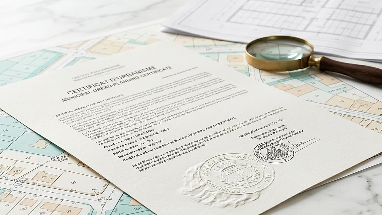 Documento del certificato di destinazione urbanistica su una mappa catastale di un terreno, con timbro del Comune