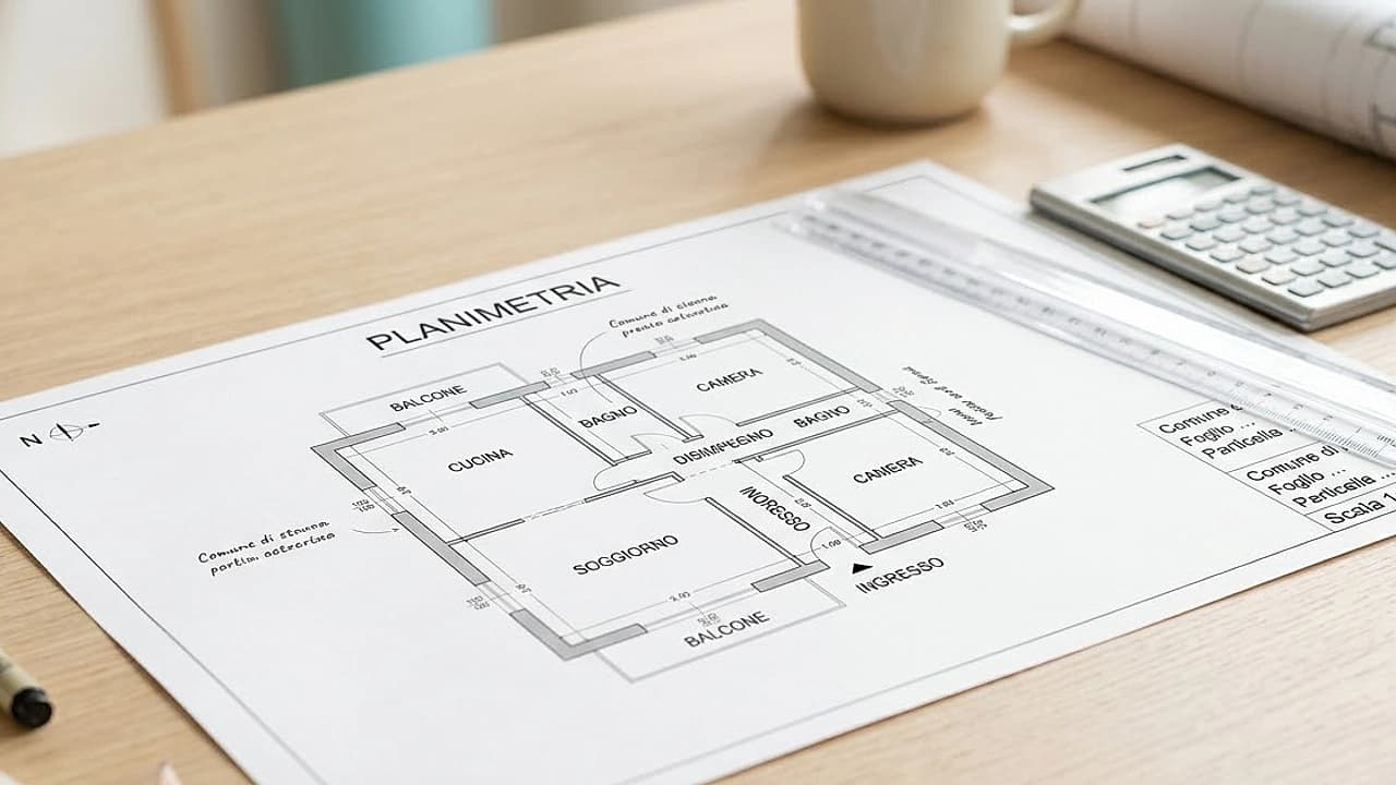 Planimetria catastale di un appartamento con righello e calcolatrice: consistenza in vani e superficie in mq