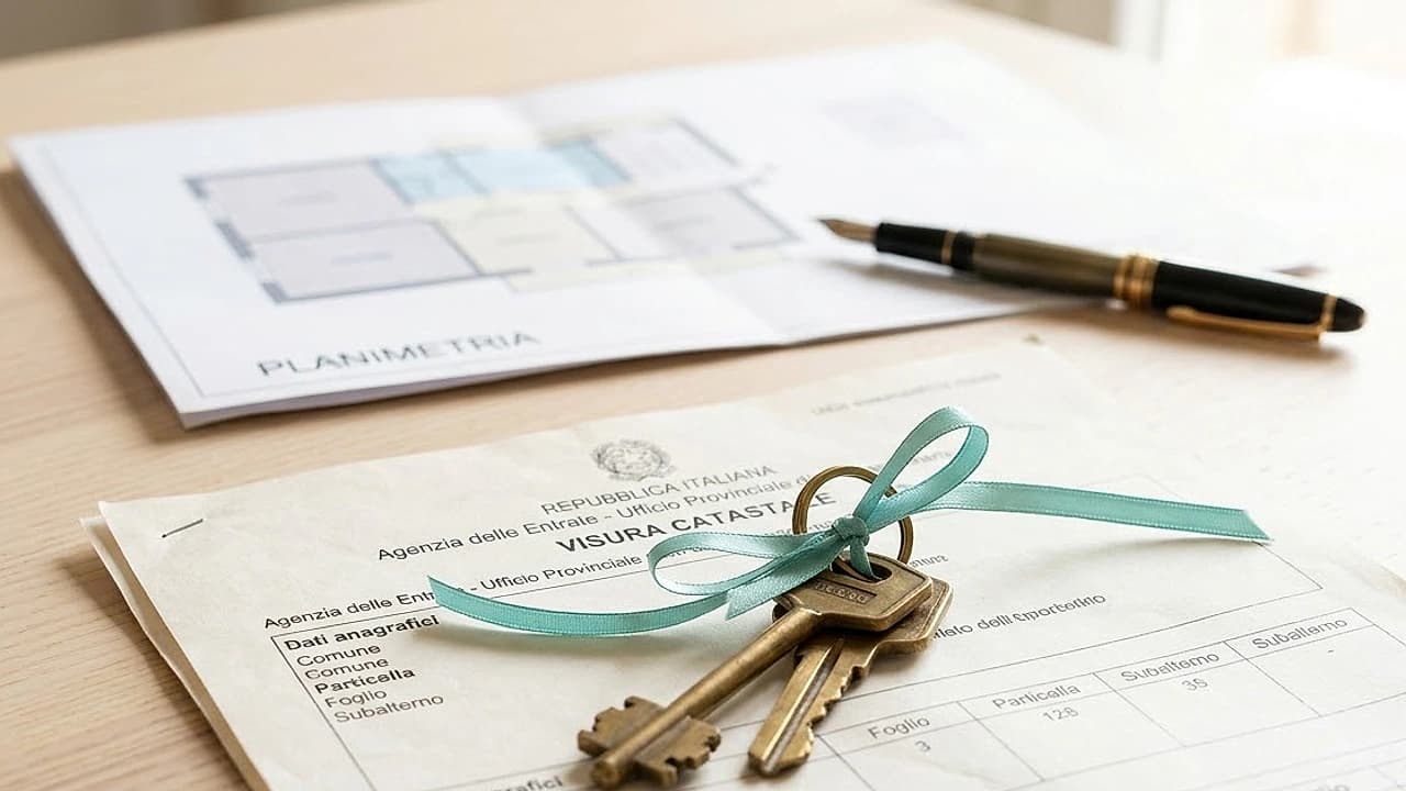 Chiavi di casa con nastro su visura catastale e planimetria: le verifiche prima di accettare una donazione immobile.