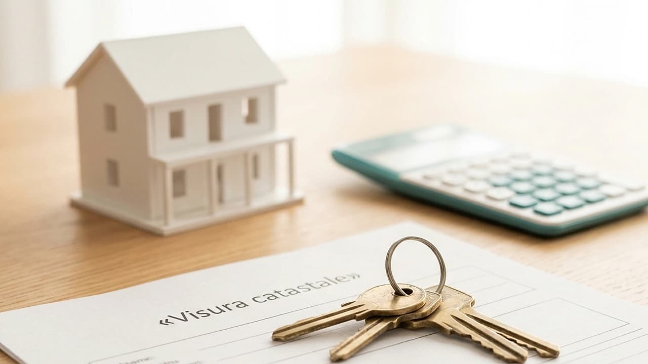 Mazzo di chiavi di casa su una visura catastale con una calcolatrice: patrimonio immobiliare e valore IMU per l'ISEE