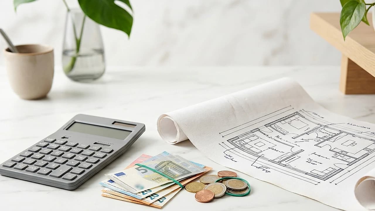Calcolatrice, monete euro e planimetria catastale per il calcolo della rendita catastale 2026