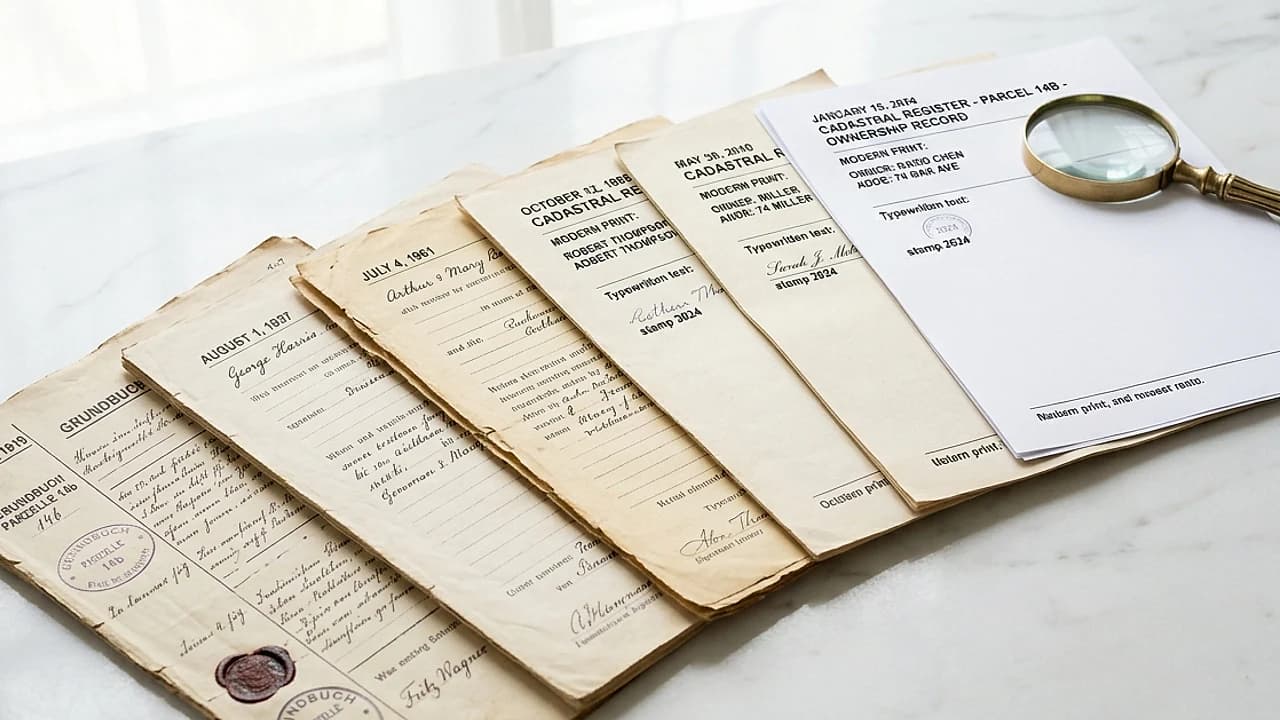 Registro catastale storico con timeline dei passaggi di proprietà, visura catastale storica di un immobile