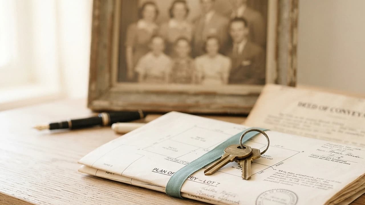 Documento visura catastale, atto di successione e chiavi di casa su scrivania in legno chiaro.