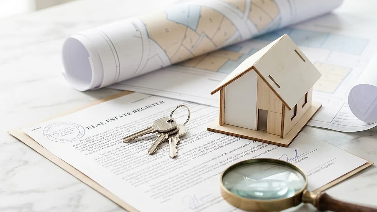 Chiavi di casa e modellino su documenti dei registri immobiliari, simbolo della visura ipotecaria prima dell'acquisto
