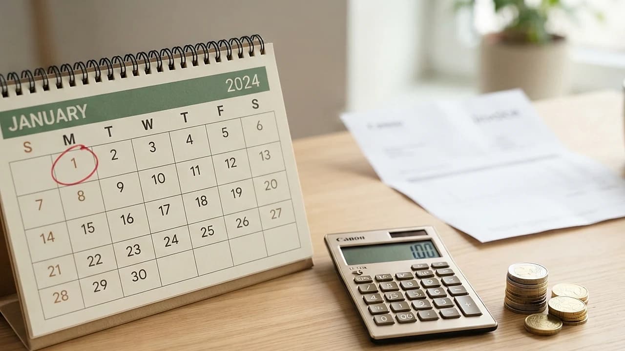 Calendario con gennaio cerchiato accanto a calcolatrice e monete: quando aprire la partita IVA forfettaria nel 2026