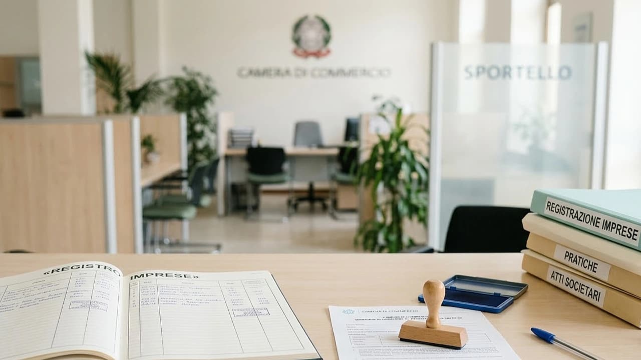 Sportello della Camera di Commercio con registro imprese e documenti per l'iscrizione di una nuova impresa