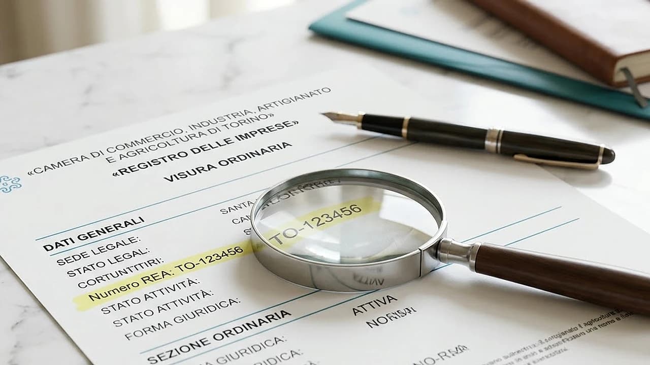 Visura camerale con il numero REA e la sigla della provincia in evidenza su una scrivania luminosa.