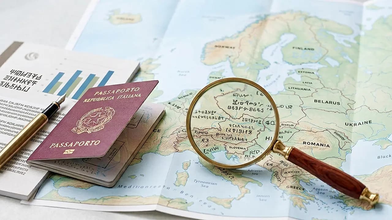 Mappa dell'Europa con documento aziendale e lente d'ingrandimento per verificare un'azienda estera prima di pagare