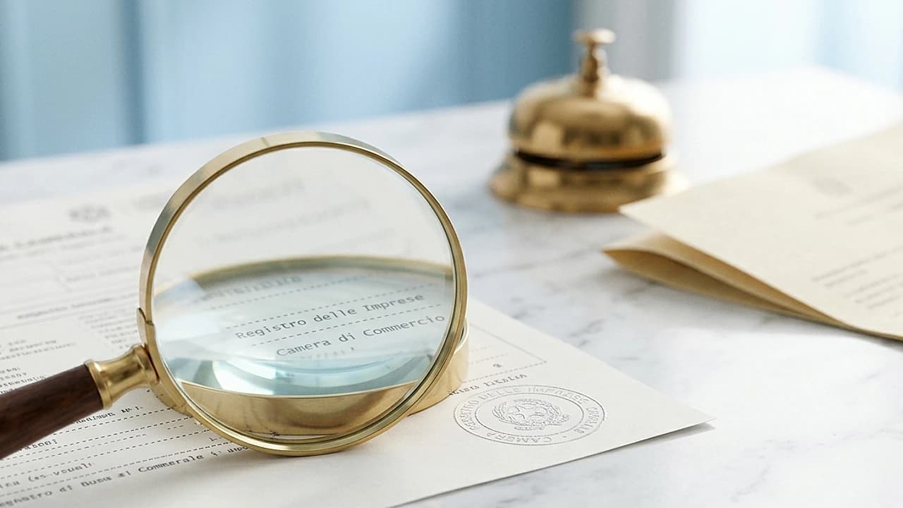 Lente d'ingrandimento su una visura camerale con timbro per verificare se un'azienda è reale prima di pagare
