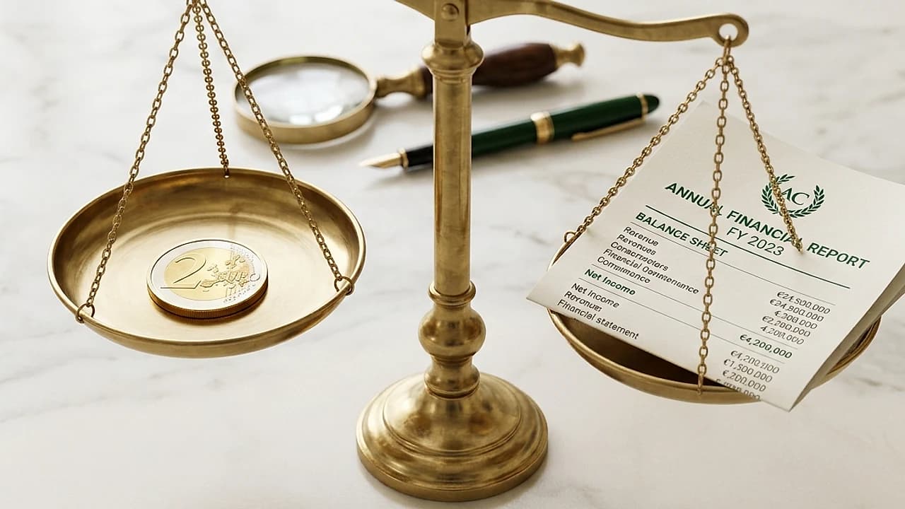 Bilancia in ottone che pesa una moneta contro un bilancio d'impresa, valutazione solidità azienda prima di un contratto 2026