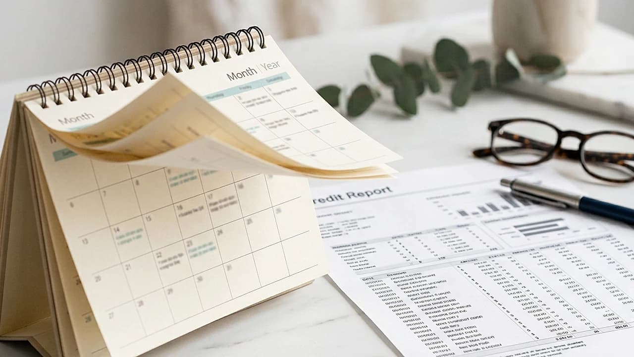 Calendario e report creditizio su scrivania chiara, tempi di cancellazione della segnalazione CRIF 2026