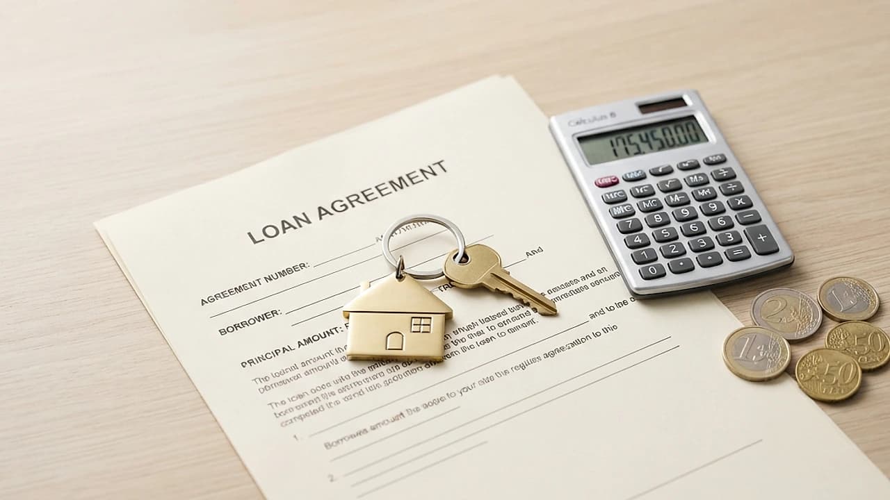 Chiave a forma di casa su un documento di mutuo con calcolatrice e monete, simbolo di mutuo con segnalazione CRIF