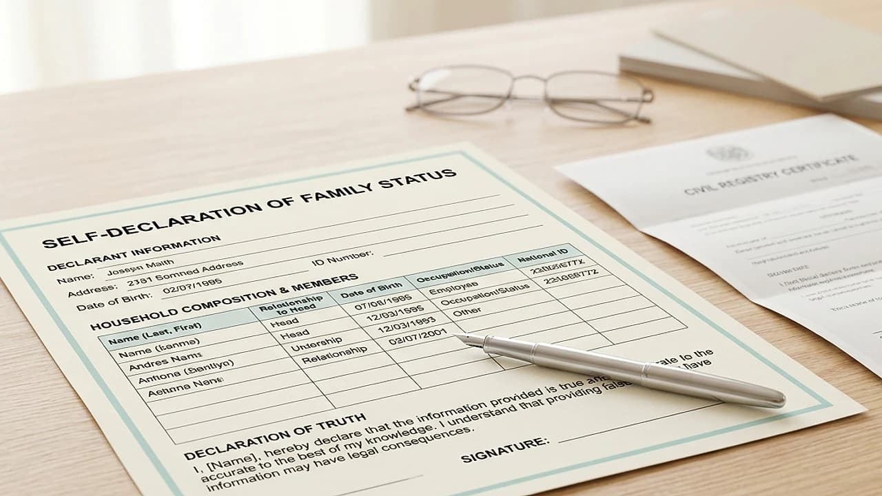 Modulo di autocertificazione dello stato di famiglia con penna e documento anagrafico su scrivania chiara