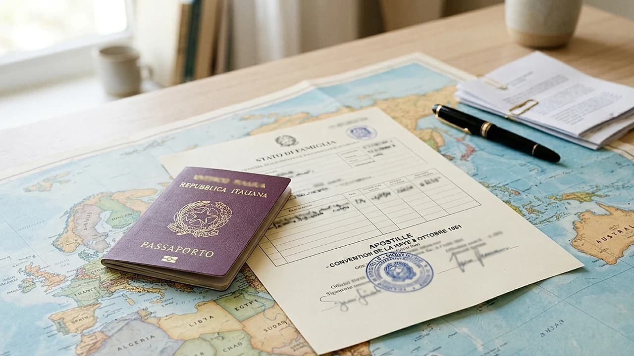 Passaporto e certificato di stato di famiglia con timbro apostille su mappa, documento per l'estero