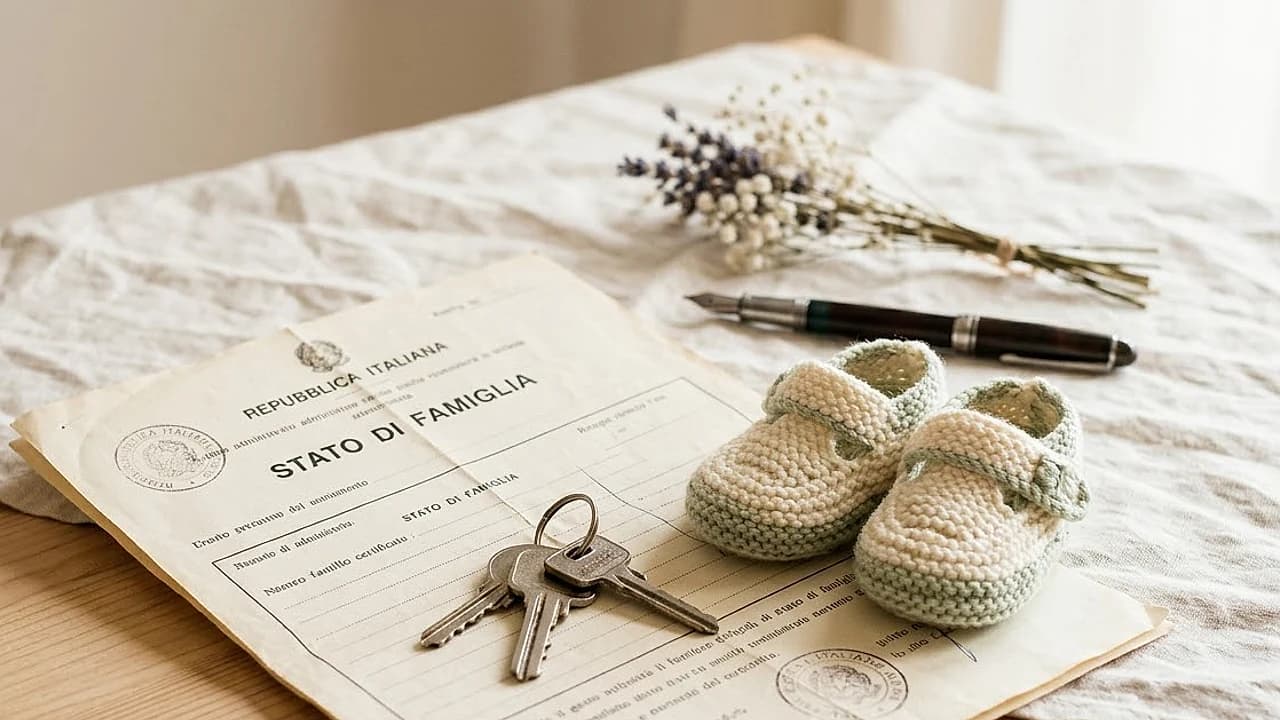 Scarpine da neonato e chiavi di casa accanto a un certificato anagrafico, lo stato di famiglia per l'Assegno Unico 2026