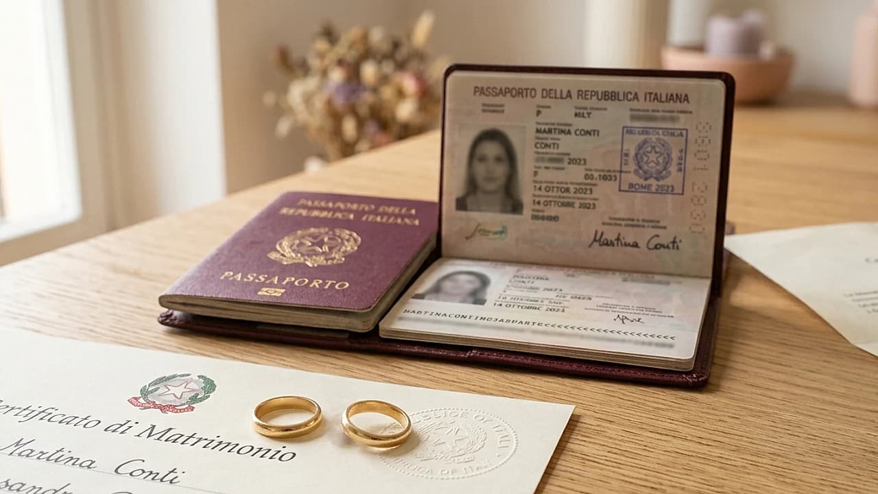 Fedi nuziali su un certificato di capacità matrimoniale accanto a un passaporto italiano e una penna stilografica