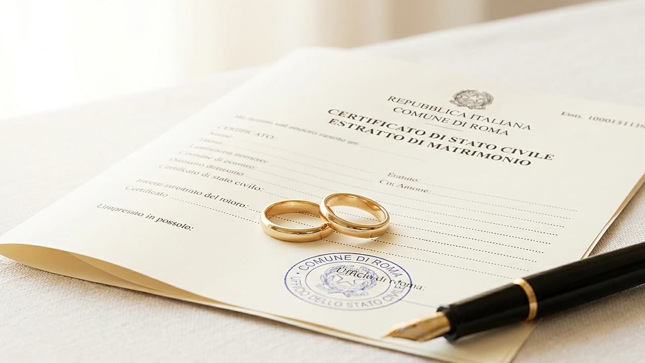 Due fedi nuziali su un certificato di matrimonio ufficiale, penna stilografica in secondo piano, sfondo chiaro