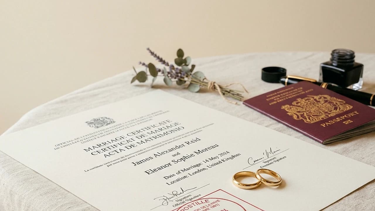 Fedi nuziali su un estratto plurilingue di matrimonio con timbro apostille, documento per l'estero su tavolo chiaro.