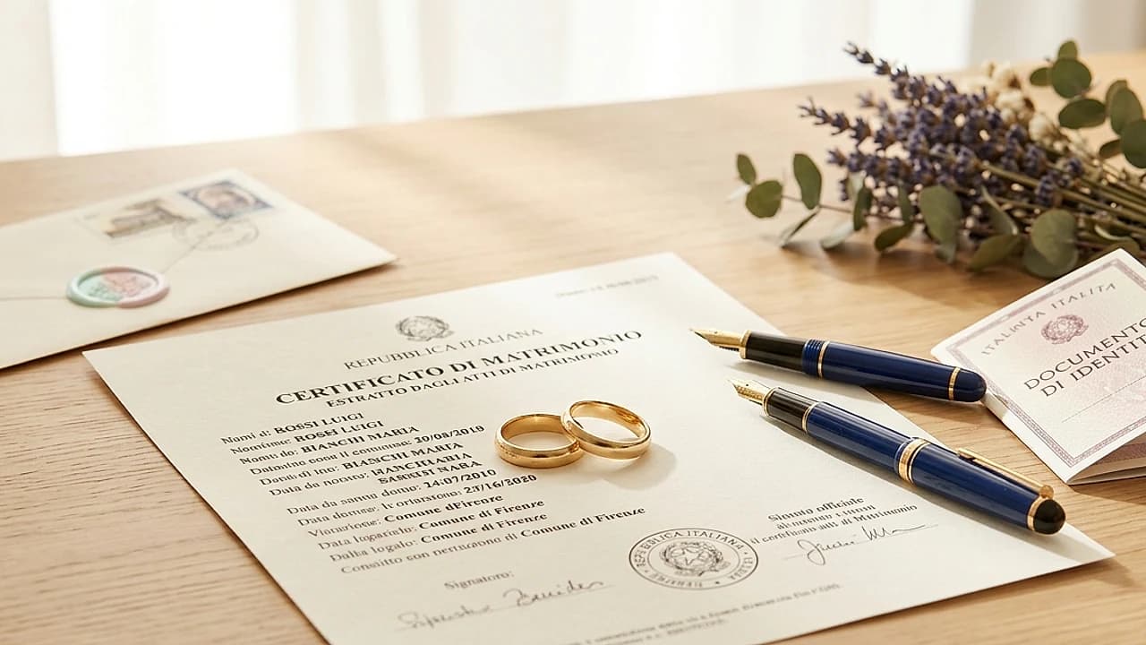 Fedi nuziali su un certificato di matrimonio con penna, documenti da aggiornare dopo il matrimonio in Italia.