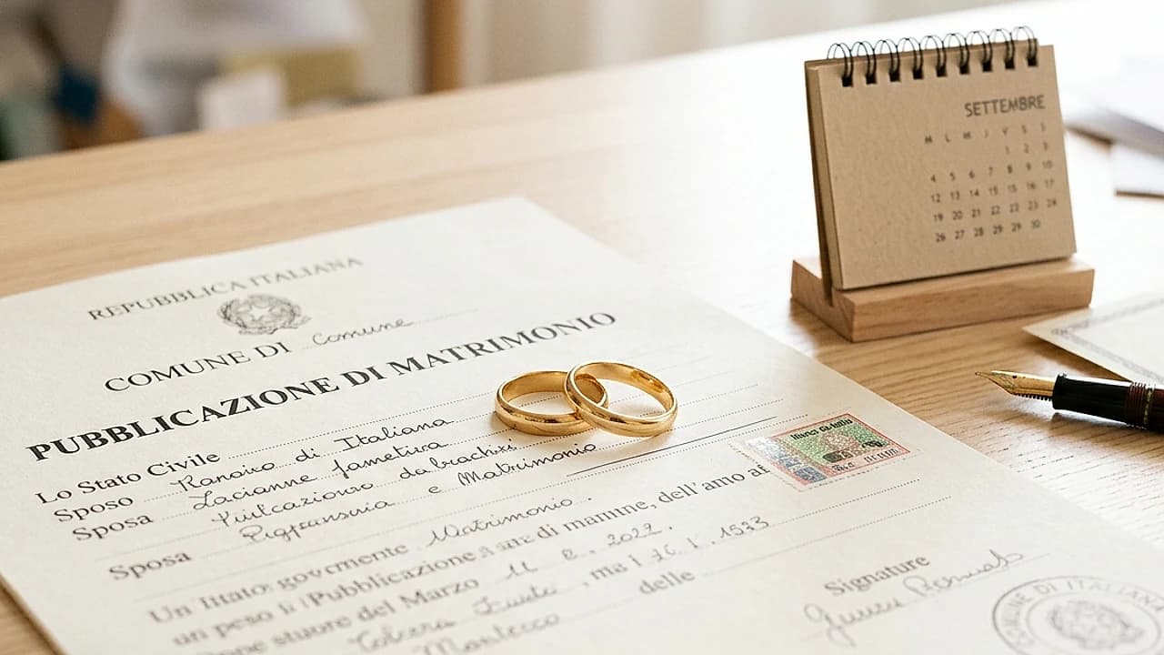 Fedi nuziali su un documento di pubblicazione di matrimonio accanto a un calendario, simbolo dei tempi e della dispensa
