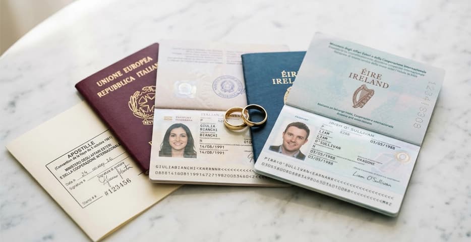 Due passaporti — italiano e straniero — con fedi nuziali sopra: guida documenti matrimonio con straniero in Italia 2026