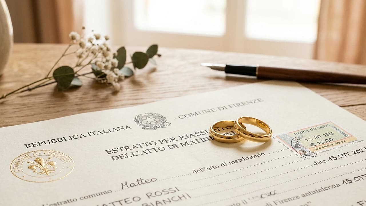 Due fedi nuziali su un atto di pubblicazione di matrimonio con penna e marca da bollo, guida 2026