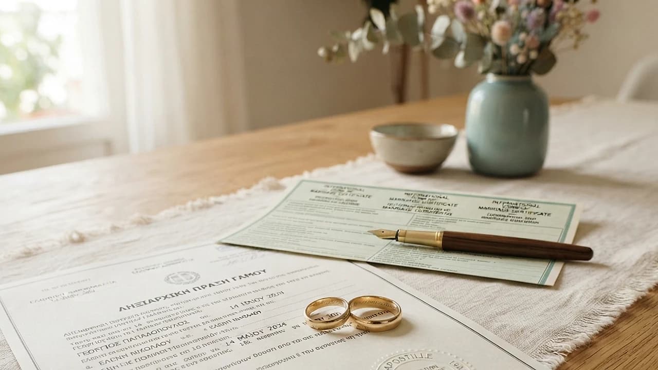 Fedi nuziali su un atto di matrimonio estero con timbro apostille, trascrizione matrimonio estero in Italia 2026