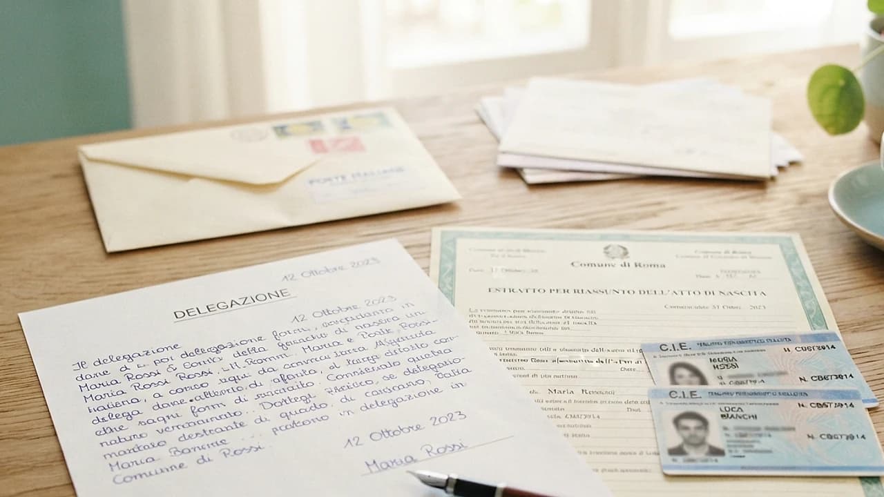Modulo di delega firmato accanto a un certificato di nascita e due documenti d'identità, richiesta per altra persona 2026.