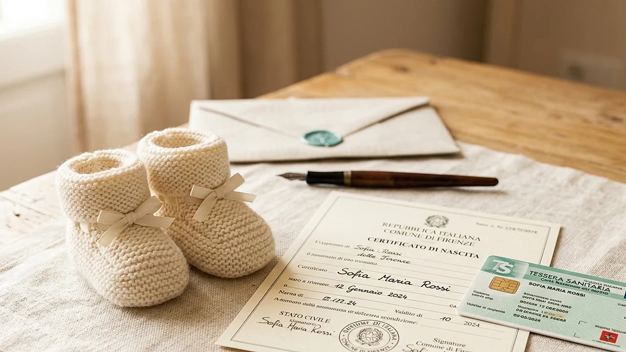 Scarpine di lana accanto al certificato di nascita e alla tessera sanitaria di un neonato, codice fiscale neonato 2026.